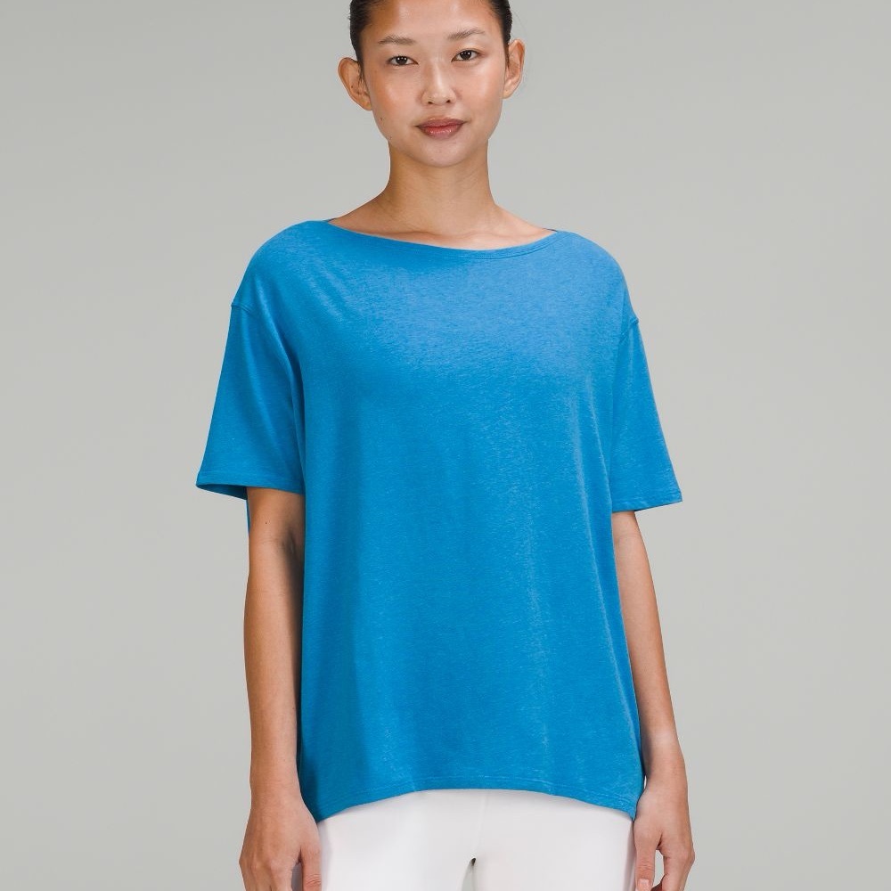 lululemon athletica. BACK IN ACTION. Teal Blue Boatneck Short Sleeve Tee